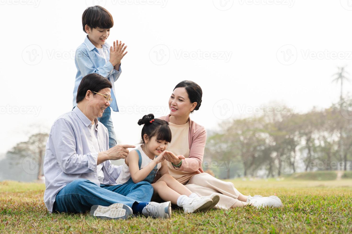 imagen de un asiático familia sentado juntos en el césped a el parque foto