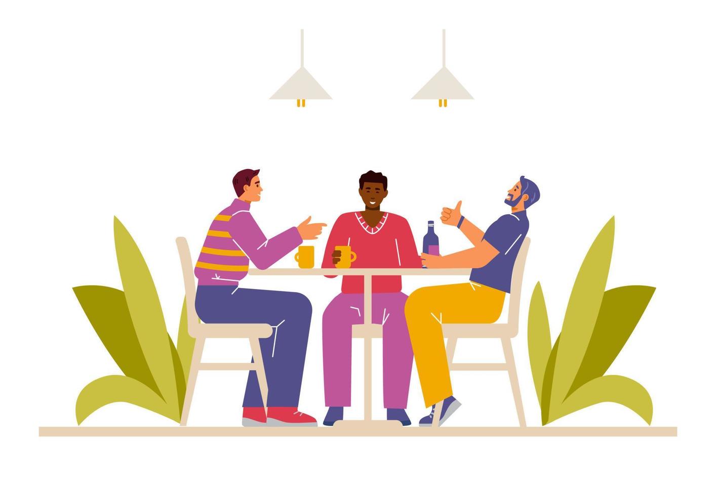 Friends sitting in a cafe talking. Men meeting vector illustration.