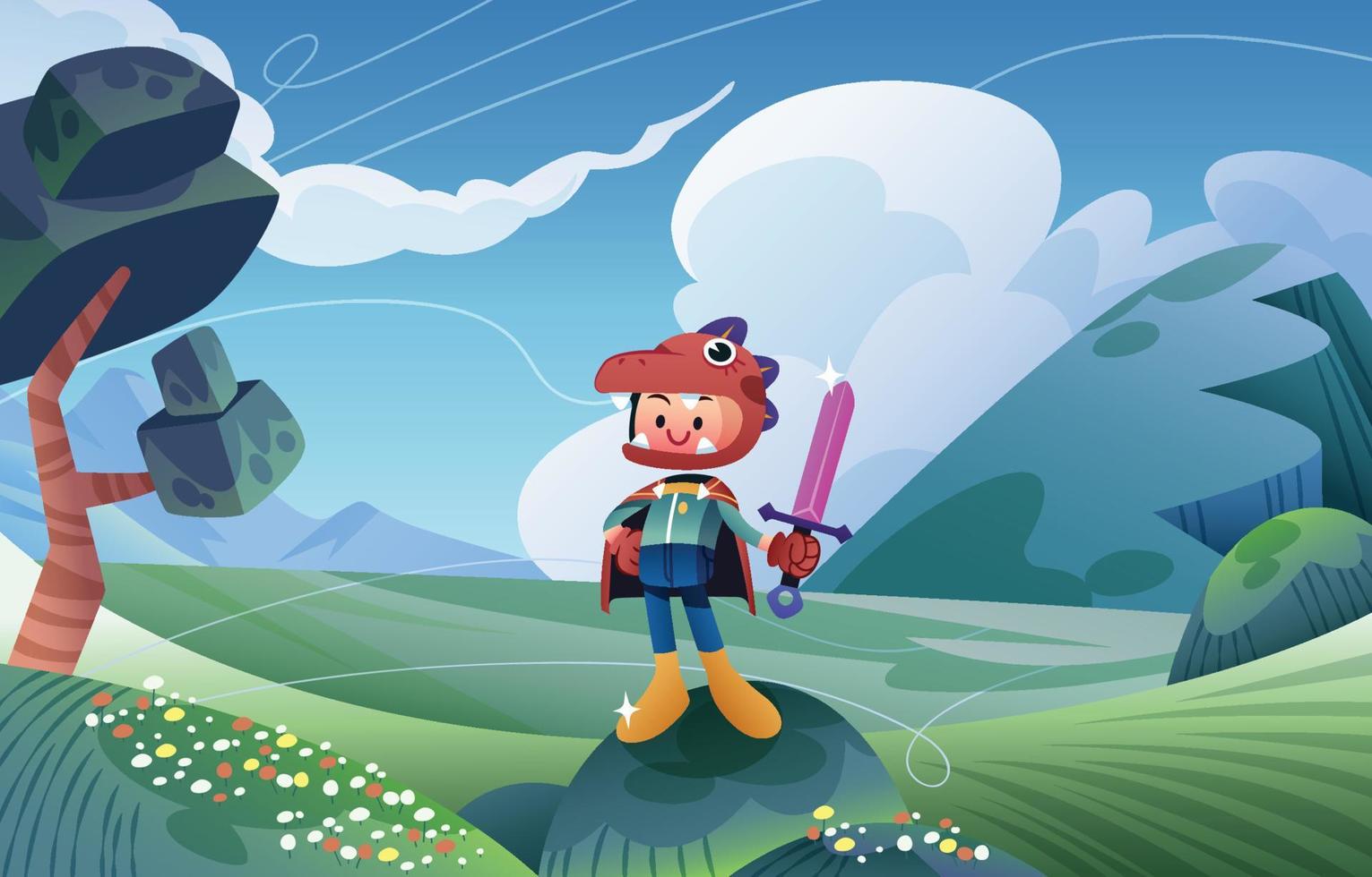 A Boy In A Dragon Costume With His Sword In The Field vector