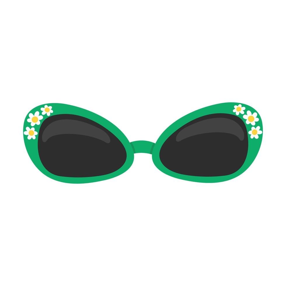 Stylish flat sunglasses on a white background. A fashion accessory with a green frame and cute daisies. vector