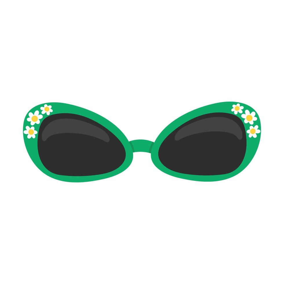 Stylish flat sunglasses on a white background. A fashion accessory with a green frame and cute daisies. vector