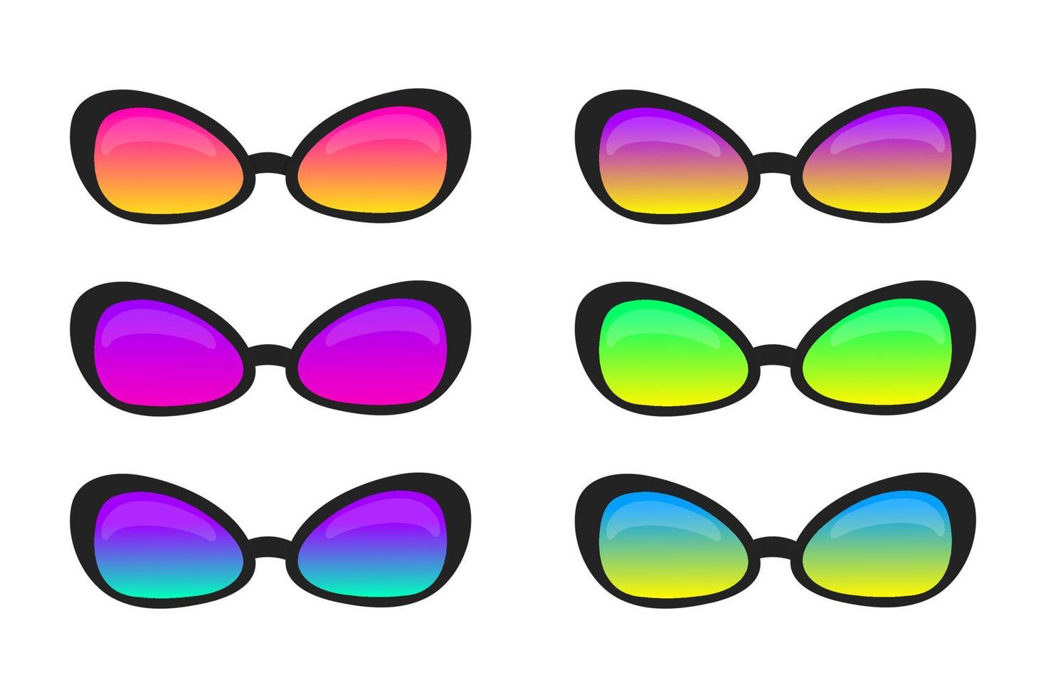 Set of 6 elements on a white background. Fashionable sunglasses with multicolored gradient lenses. vector