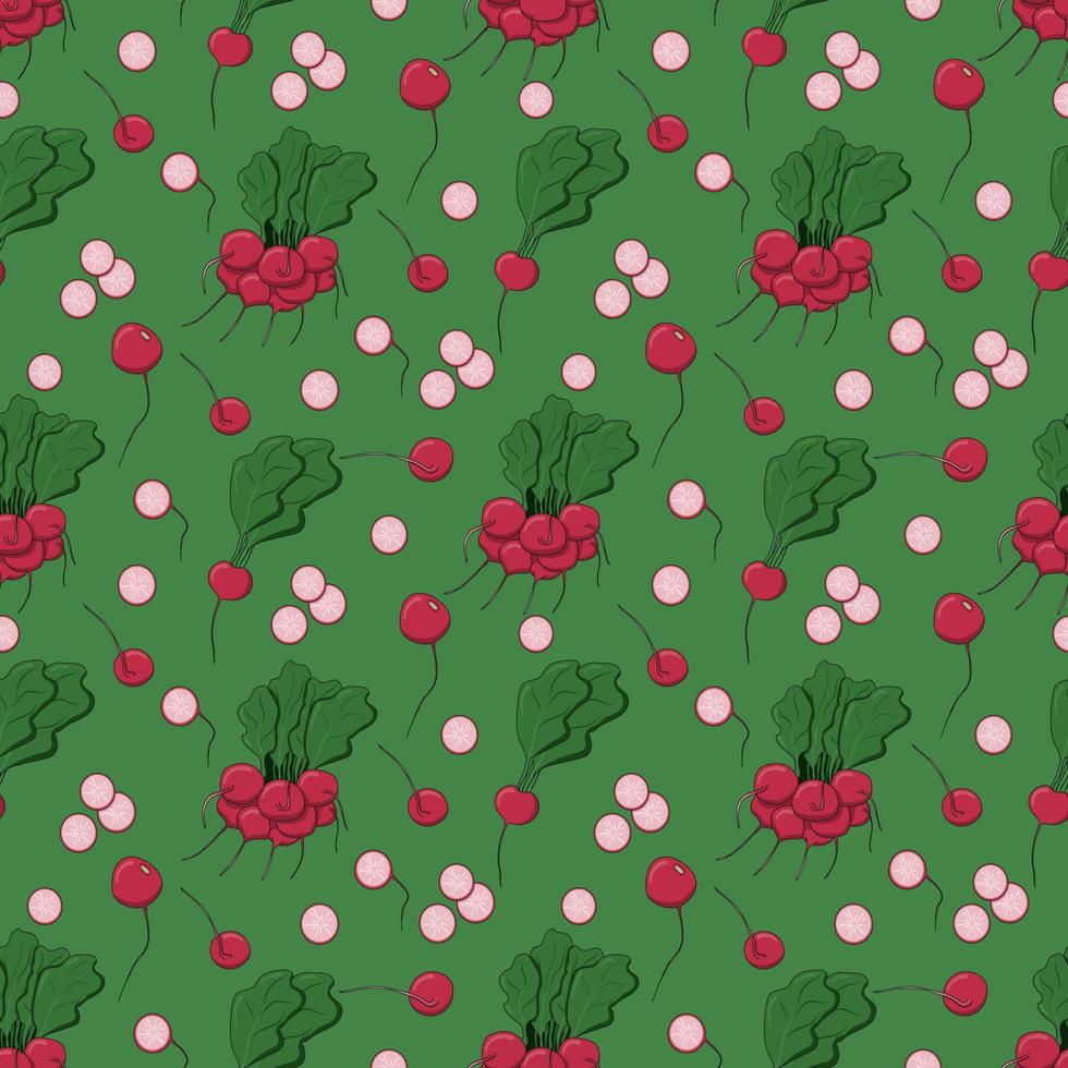 Bright spring pink radish modern seamless pattern on the green background. Vector flat texture. Perfect for kitchen fabric, paper, cover, wrapping, interior decoration