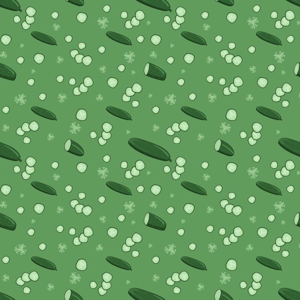 Monochrome green modern vegan seamless pattern. Whole and cutted cucumbers, slices of cucumber on the green background. Contemporary design for kitchen fabric, paper, cover, interior decor. vector