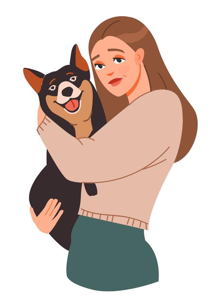 Pet owner. A young woman hugs a dog.  Flat vector illustration.