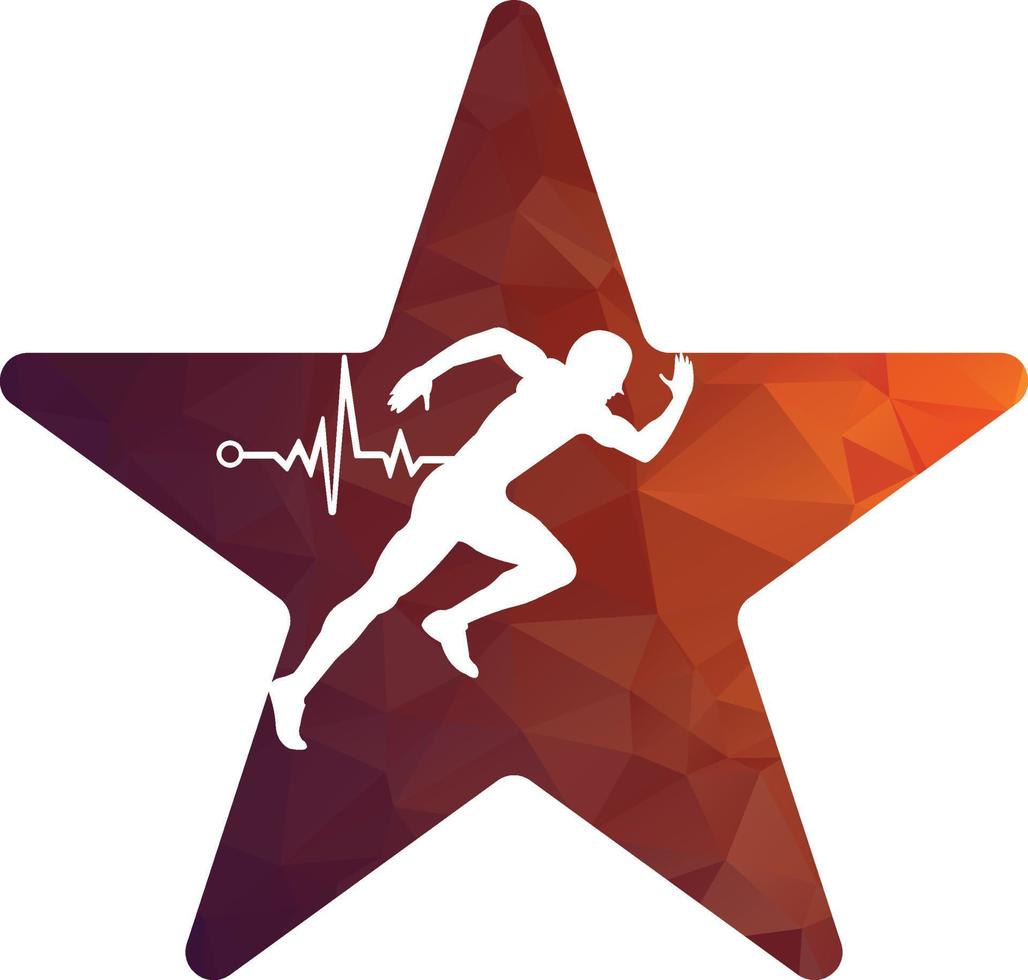 vector de icono de diseño de logotipo de maratón de pulso. diseño del logotipo de cuidado de la salud corporal. hombre corriendo con el icono del latido del corazón del ecg de línea.