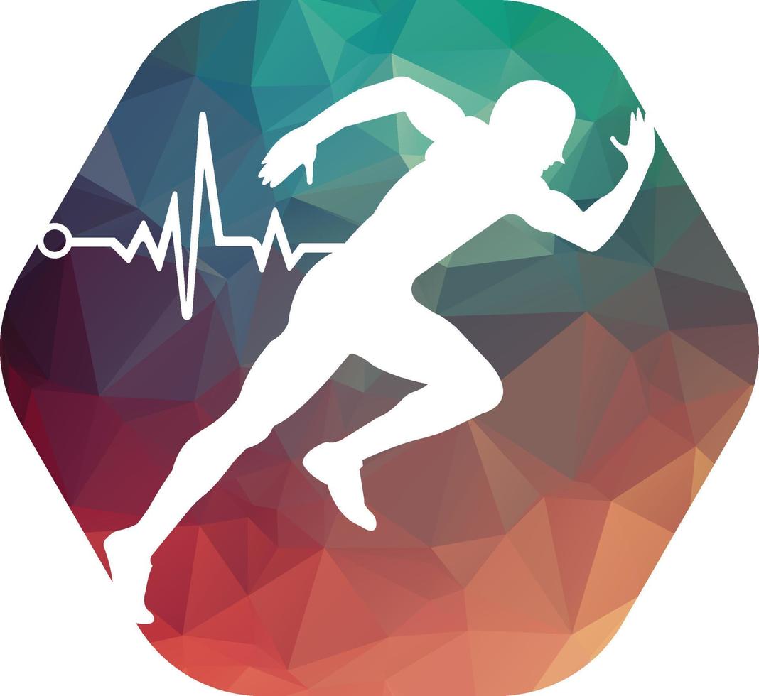 vector de icono de diseño de logotipo de maratón de pulso. diseño del logotipo de cuidado de la salud corporal. hombre corriendo con el icono del latido del corazón del ecg de línea.