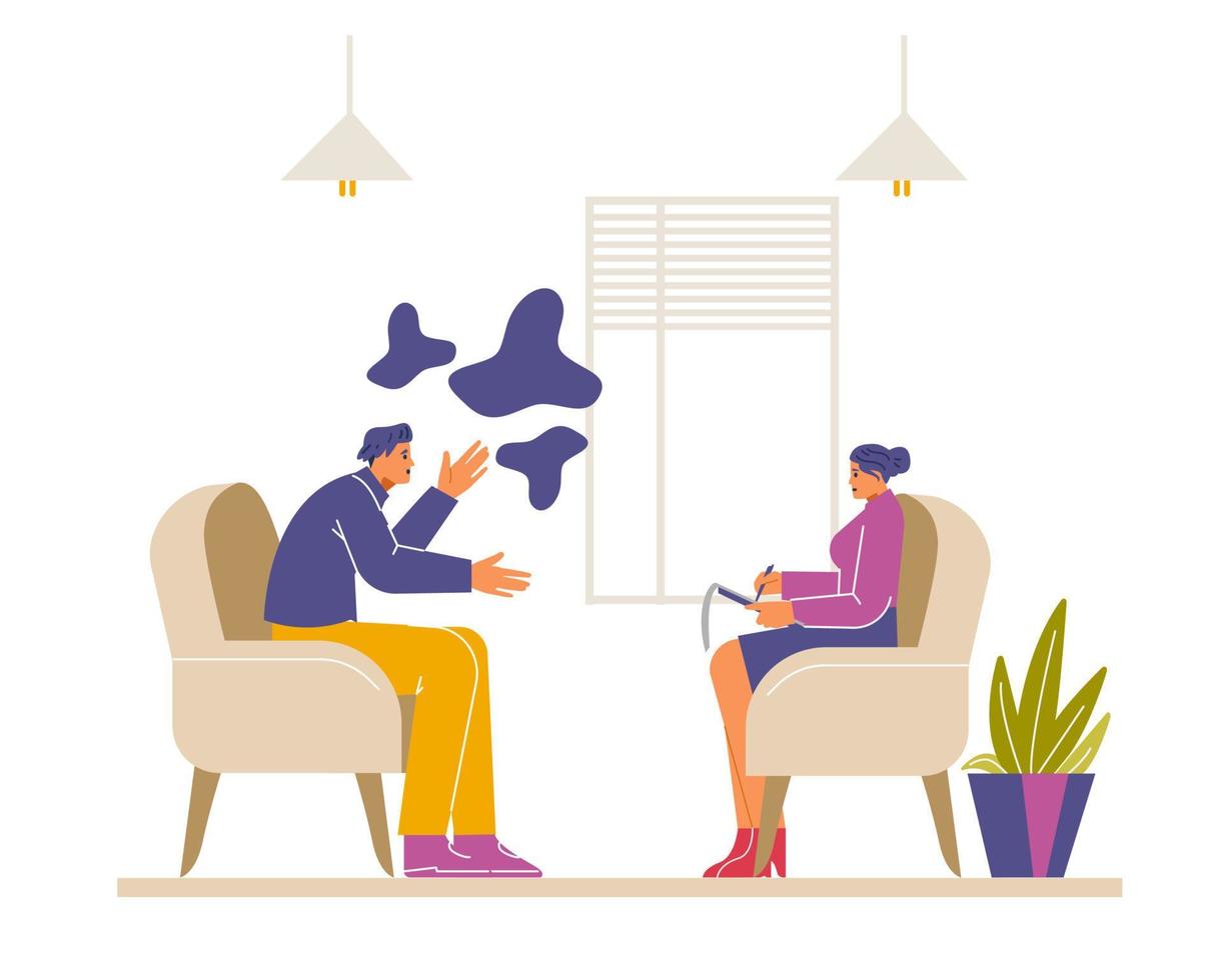 Therapy session vector illustration. Woman psychologist listening to patient and making notes.