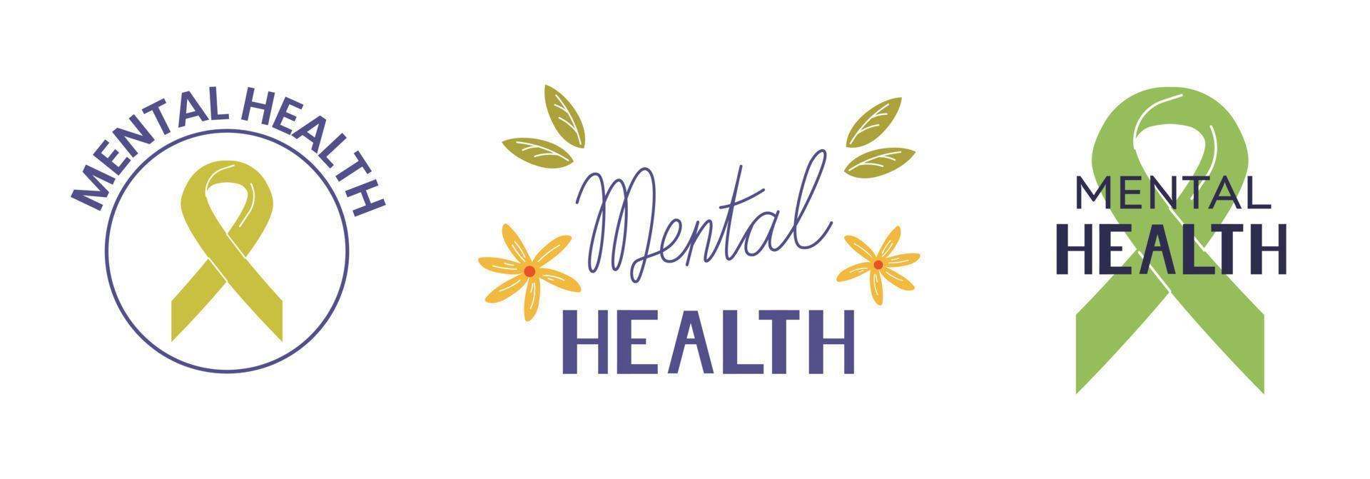 Mental health labels and lettering for world mental health day vector illustrations set.