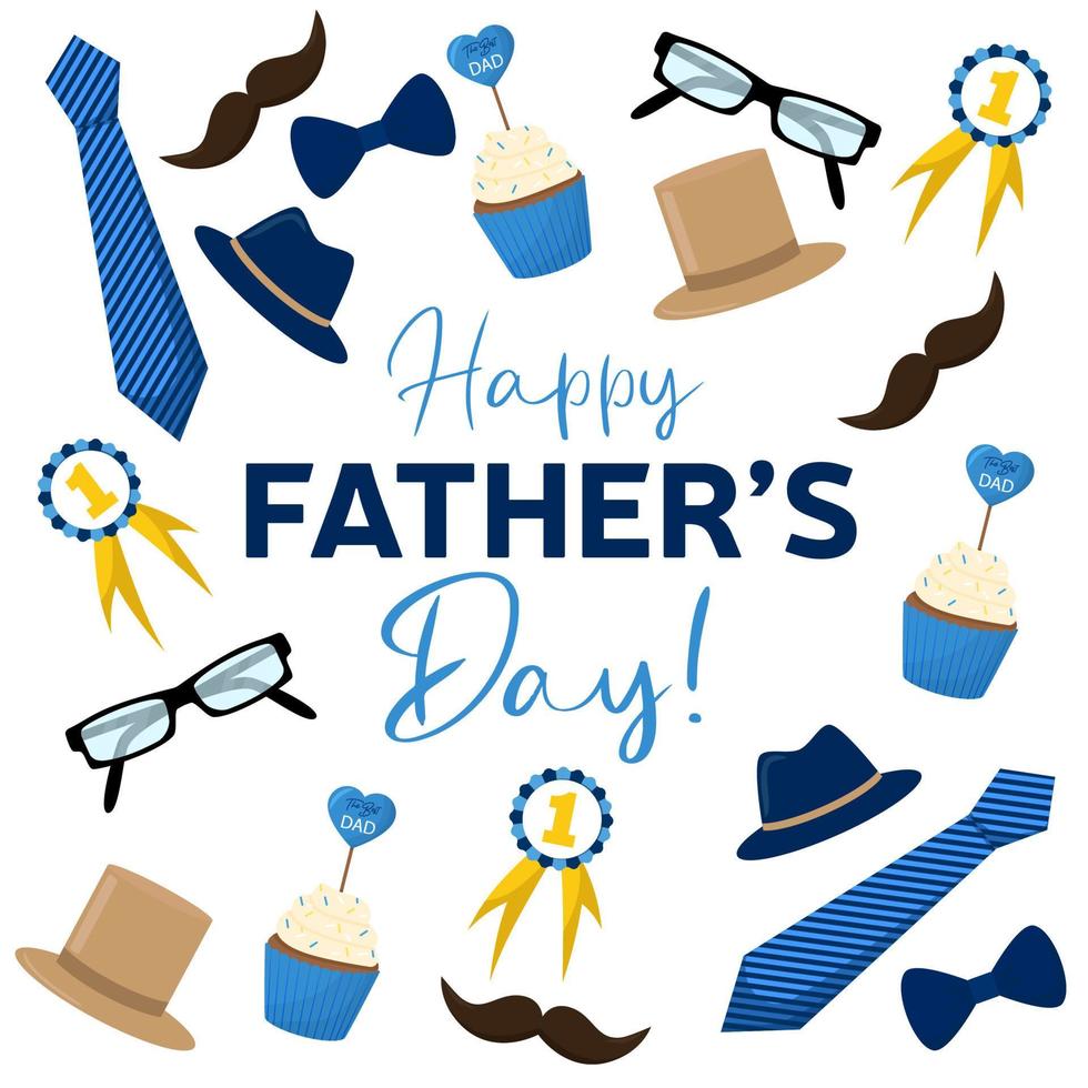 Square banner for Father's Day with men's elements. Happy Fathers Day. Hat, tie, eyeglasses, vector illustration.