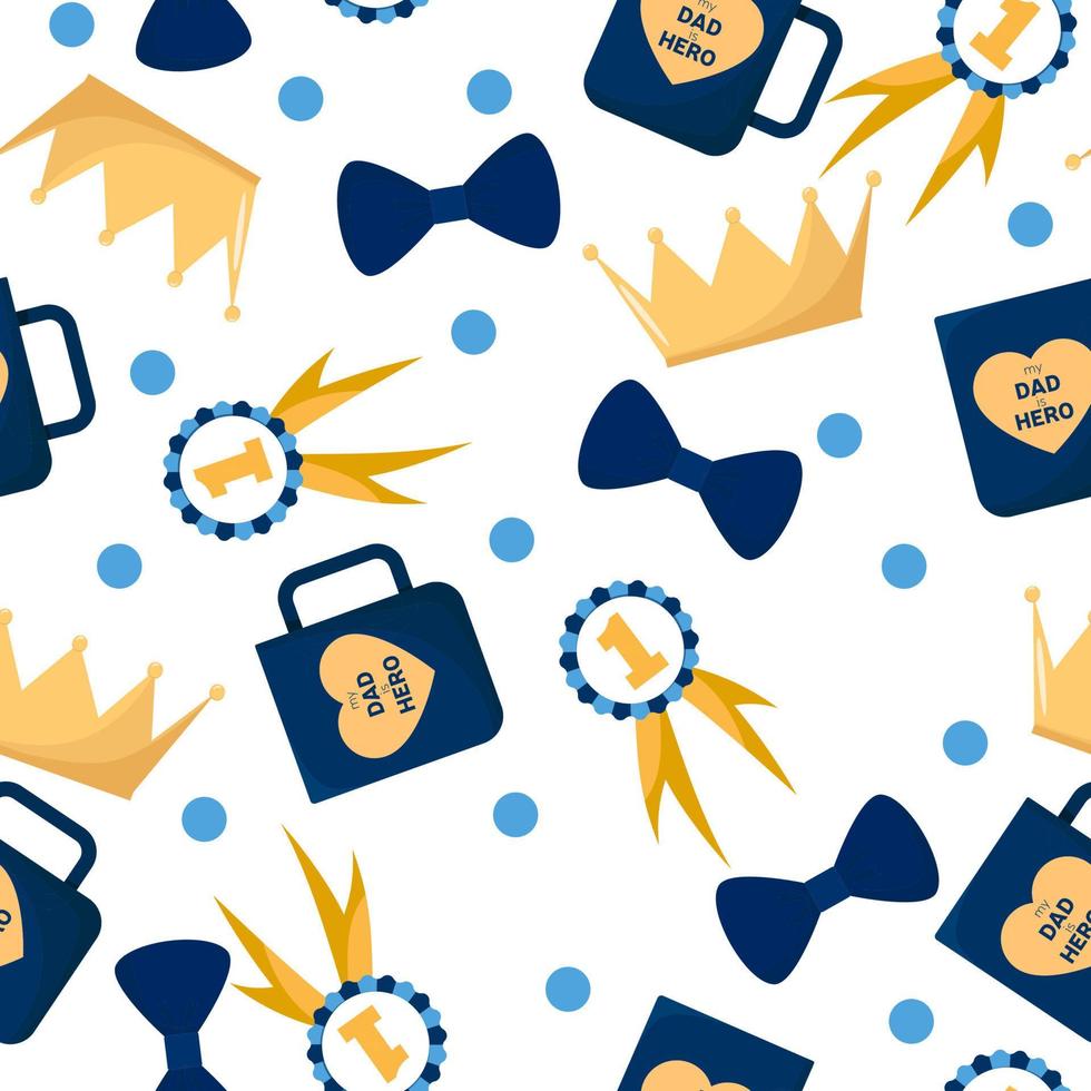 Seamless pattern for Father's Day. Man pattern with symbols. Cup of coffee, medal, crown and bow tie. vector