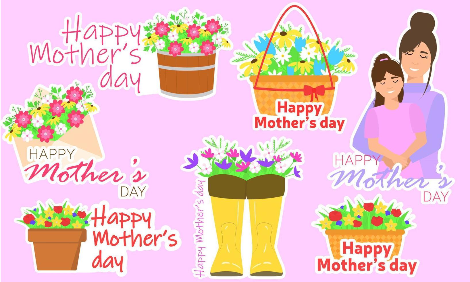 Set of sticker for Happy Mother's Day. Collection of clip art for mother holiday. Vector illustration.