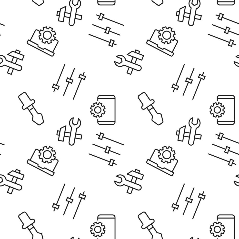 Monochrome vector seamless pattern of hammer and wrench, screwdriver, for web sites and polygraphy