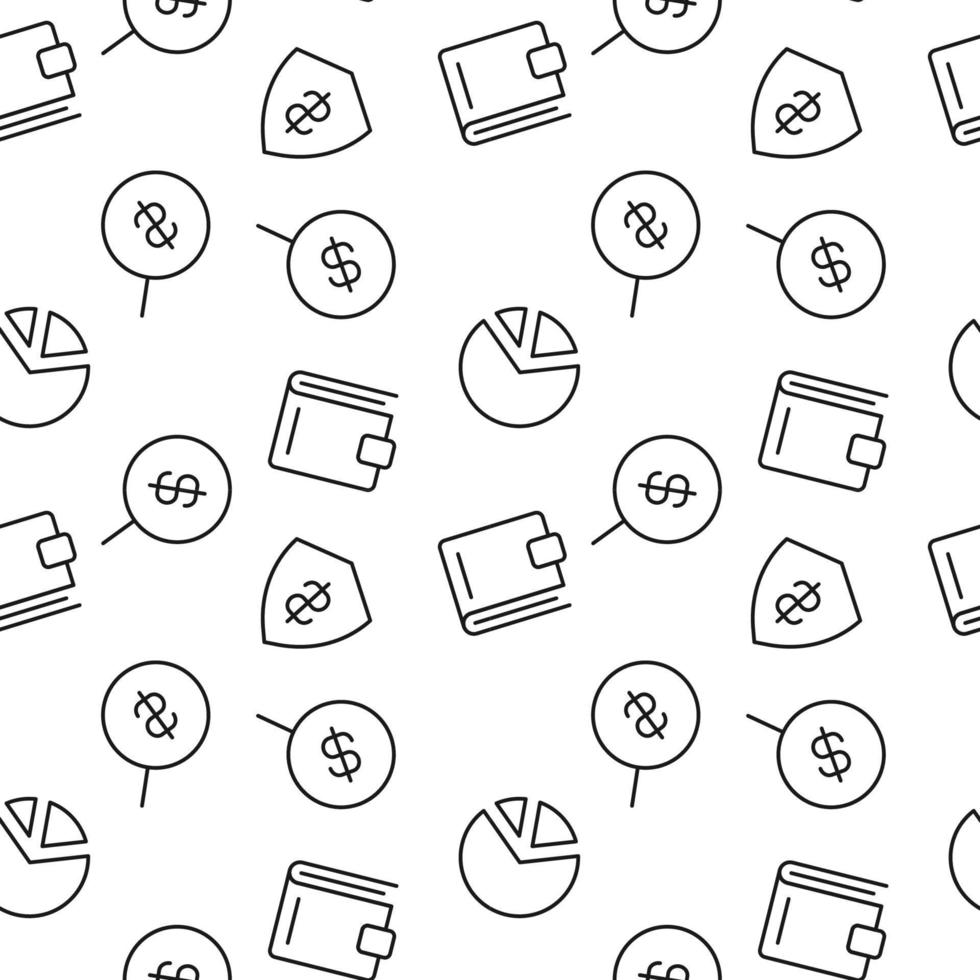 Seamless vector monochrome pattern of pie chart, dollar, wallet, money for covers, shops, wrappers, sites, apps