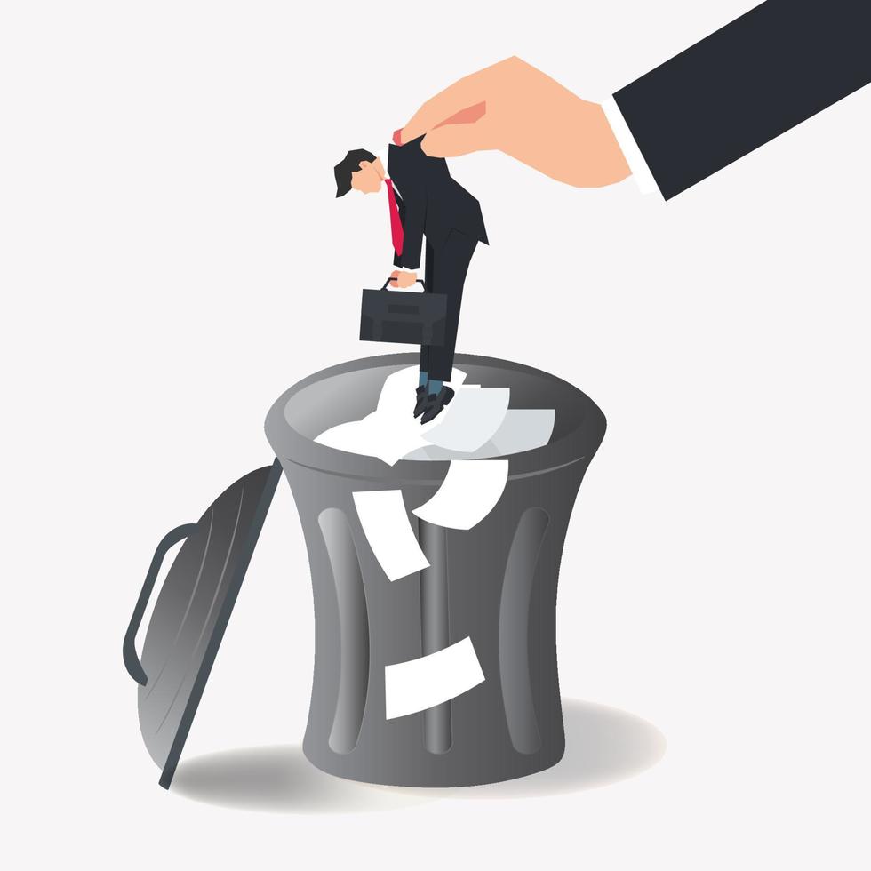 Hand holding businessman want to be put in the trash vector illustration. Dismissal, not productive concept