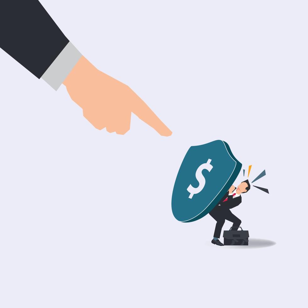 Businessman taking cover with money shield from pointing hand vector illustration