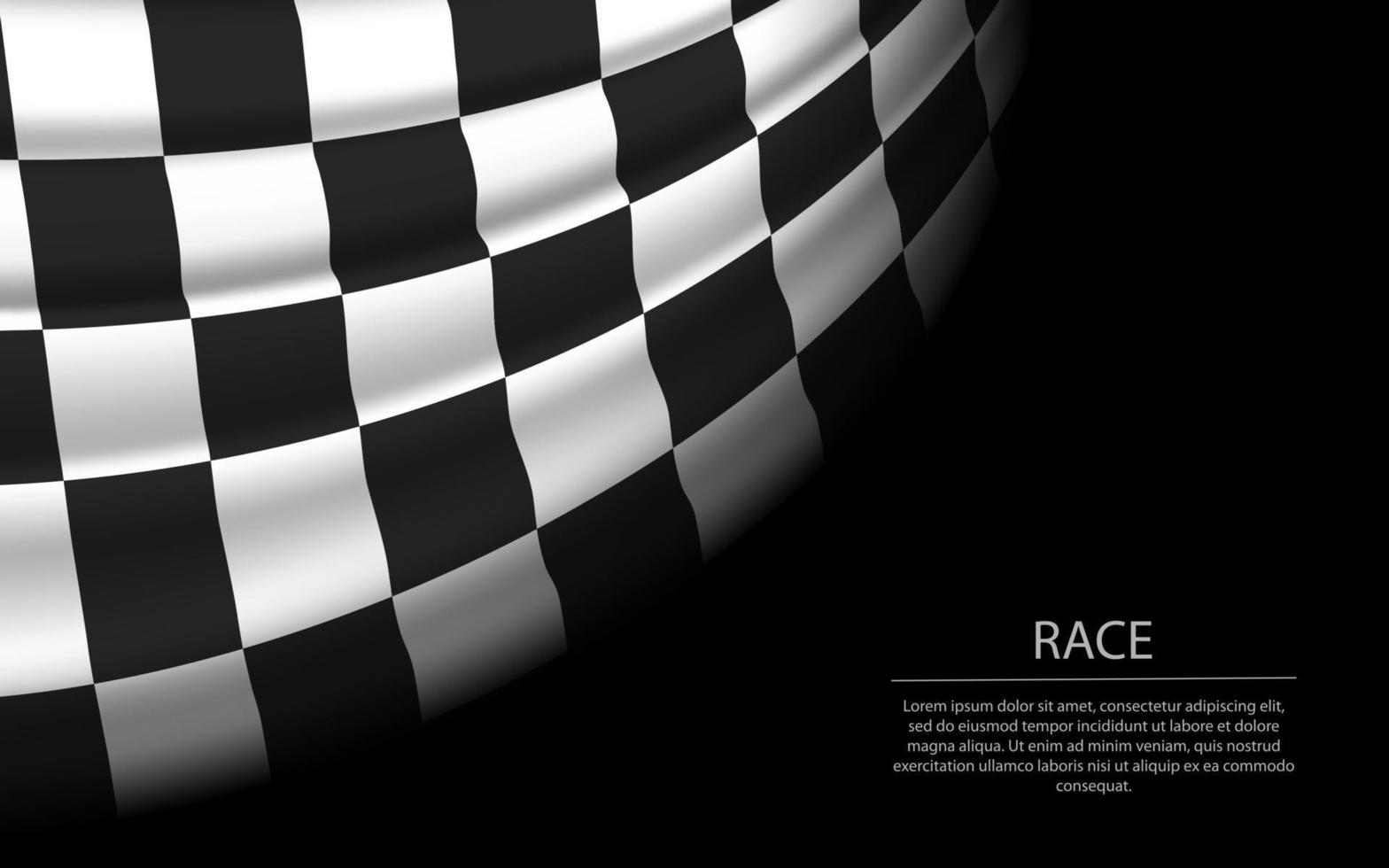 Waving checkered race flag on dark background. Banner or ribbon vector