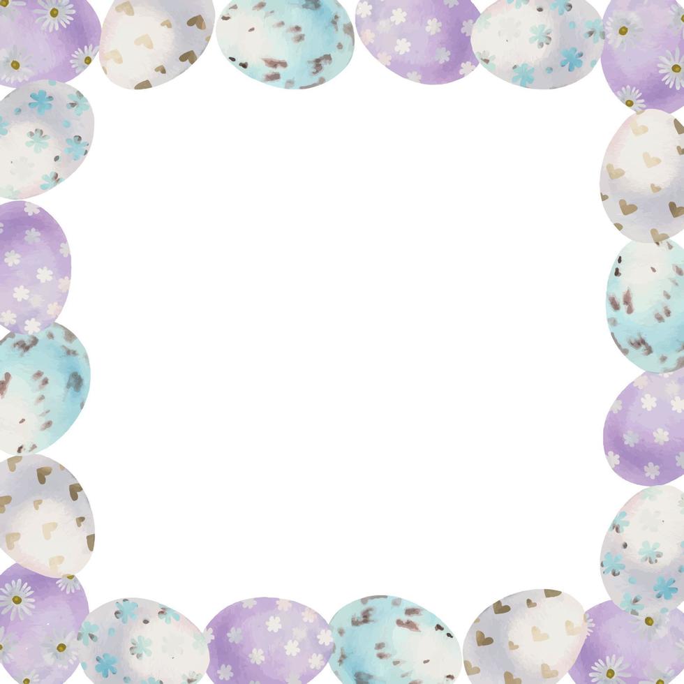 Watercolor hand drawn Easter celebration clipart. Border frame of eggs, bows, green leaves, bunnies. Pastel color. Isolated on white background. For invitations, gifts, greeting cards, print, textile vector