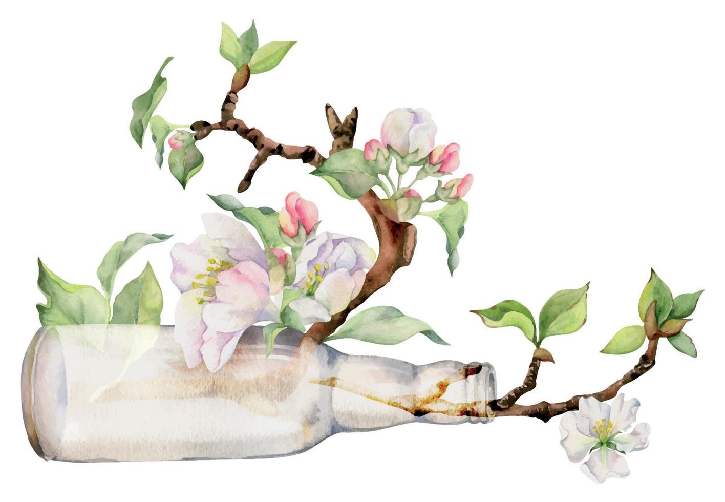 Hand drawn watercolor composition with apple flowers on branch with leaves and glass bottle. Isolated on white background. Design for wall art, wedding, print, fabric, cover, card, invitation vector