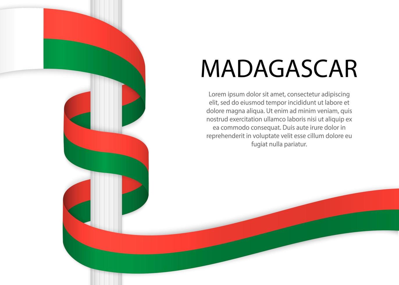 Waving ribbon on pole with flag of Madagascar. Template for inde vector