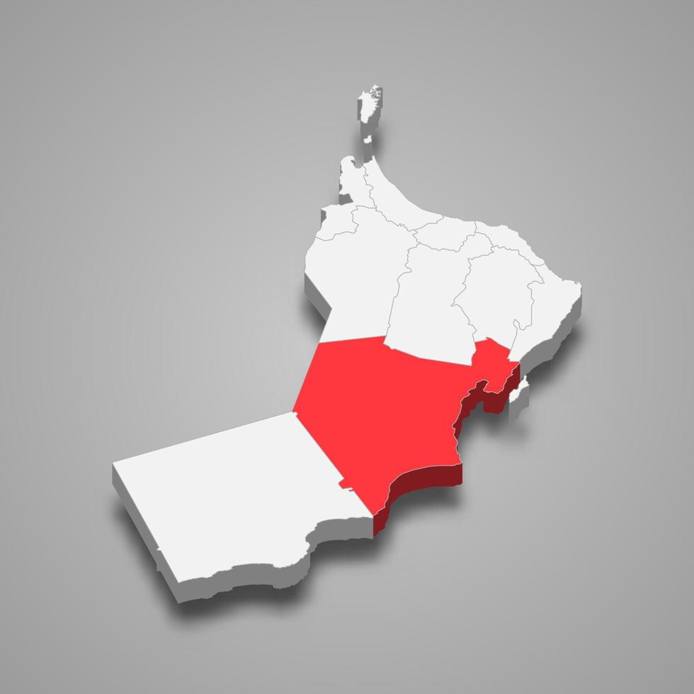 Al Wusta region location within Oman 3d map vector