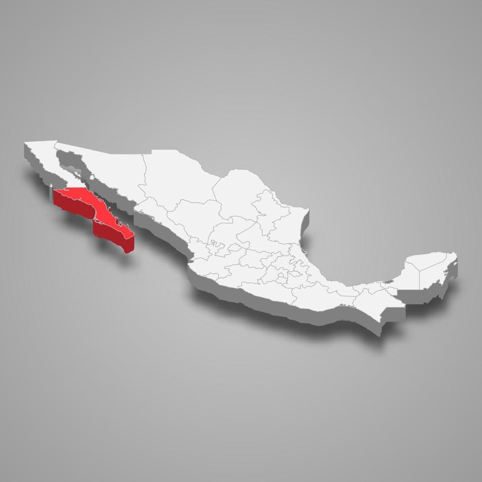 Baja California Sur region location within Mexico 3d map vector