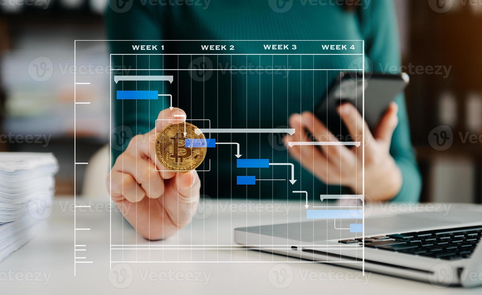 Project manager working and update tasks with milestones progress planning and Gantt chart scheduling diagram.business tram working at office photo