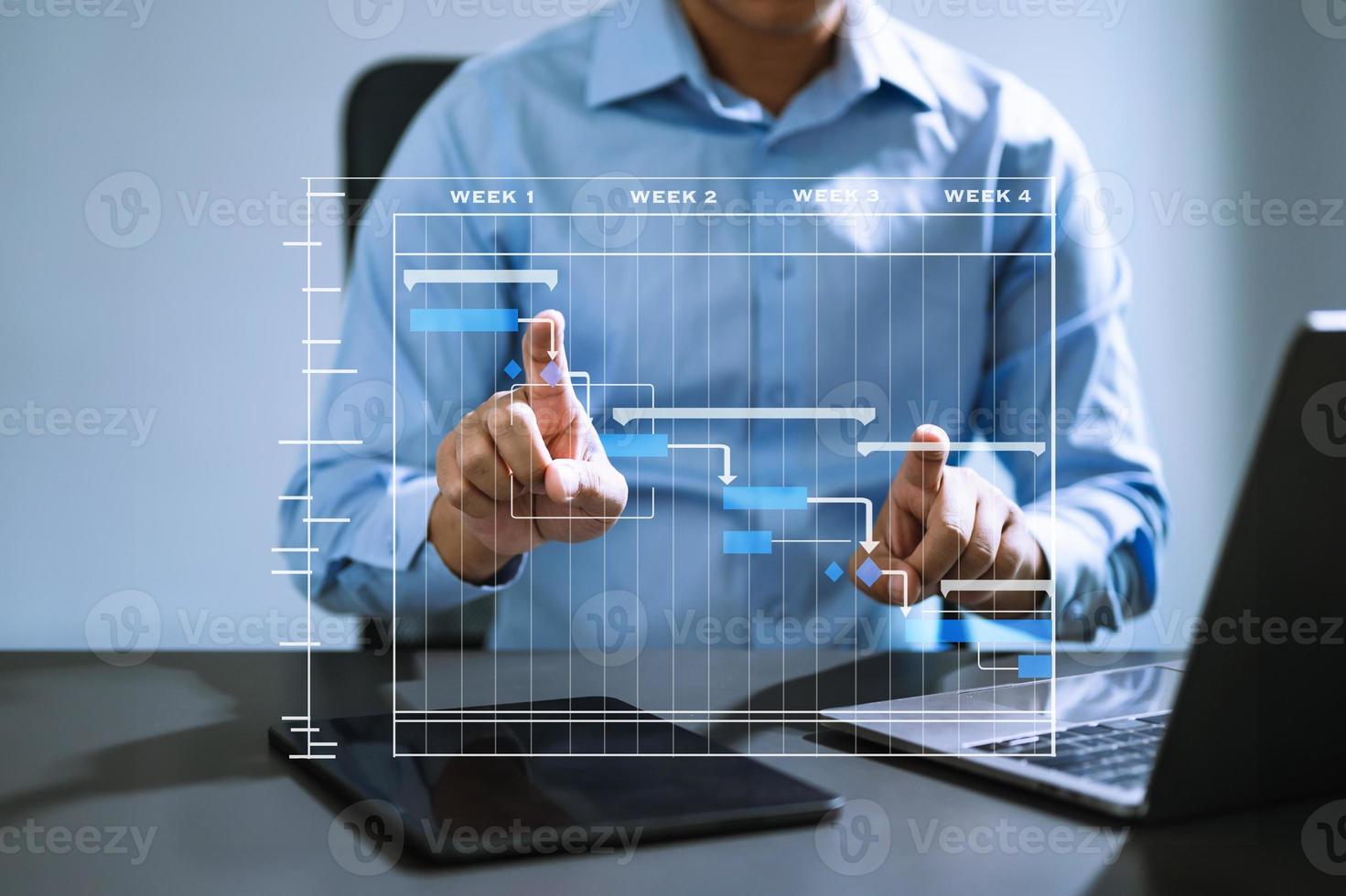 Project manager working and update tasks with milestones progress planning and Gantt chart scheduling diagram. business working with smart phone, tablet and laptop in office. photo