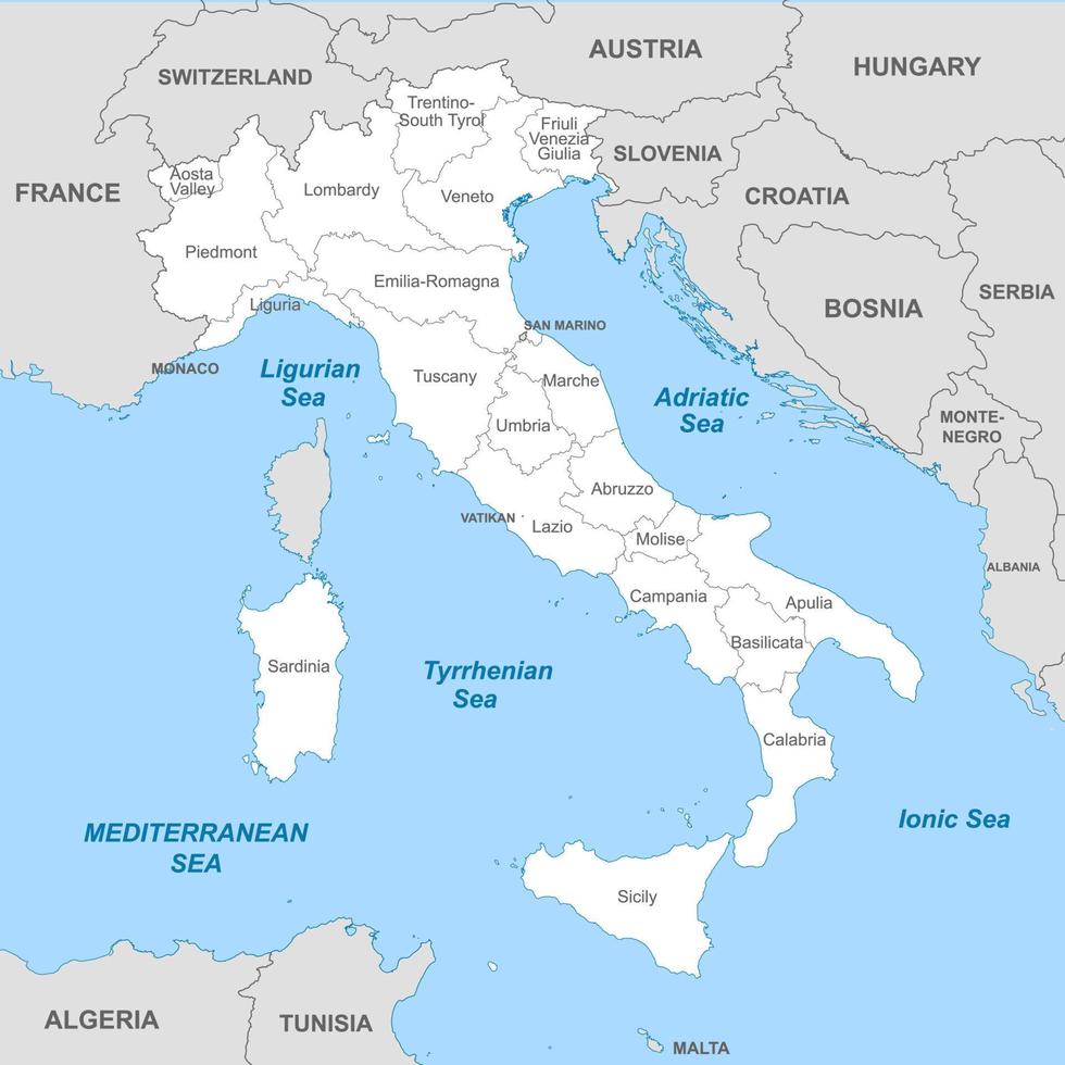 político mapa de Italia con fronteras con fronteras de regiones vector