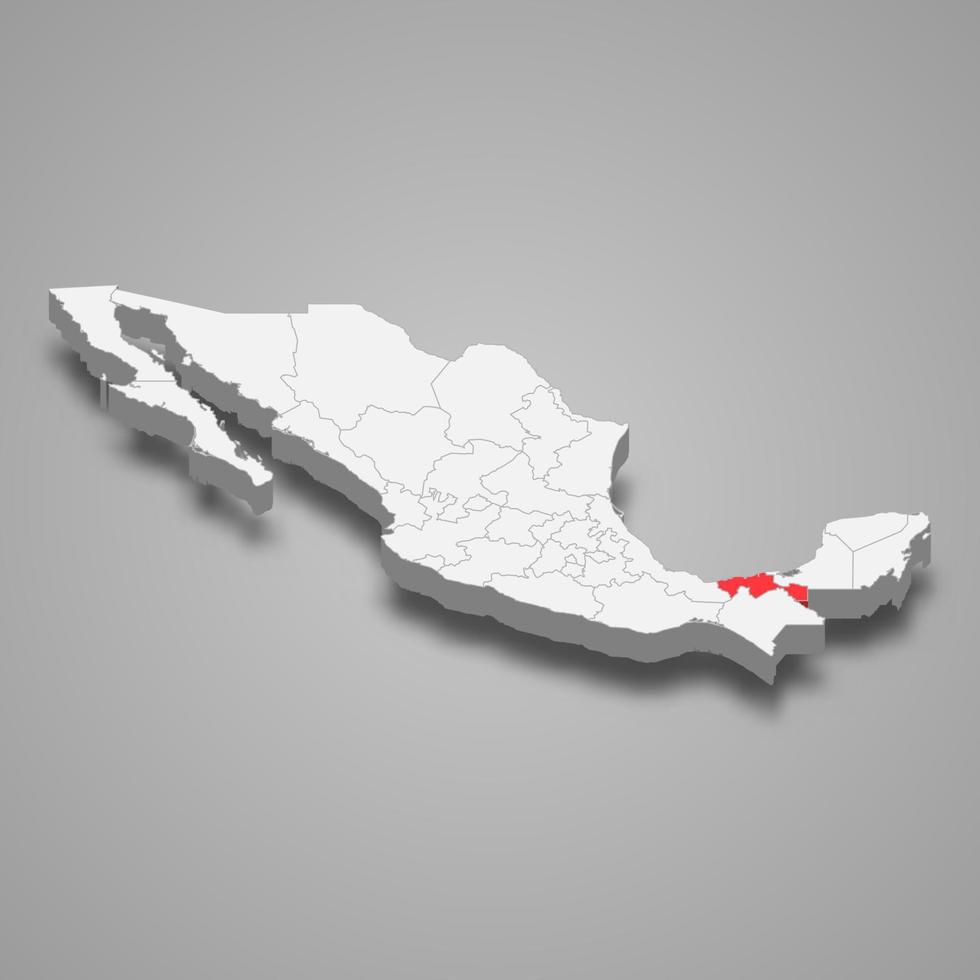 Tabasco region location within Mexico 3d map vector