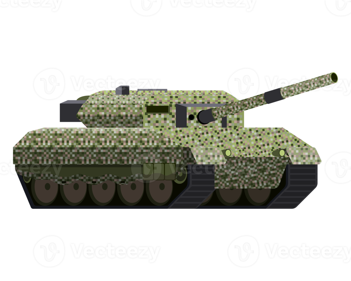 Main battle tank in flat style. Military vehicle. Pixel camouflage. Colorful PNG illustration.