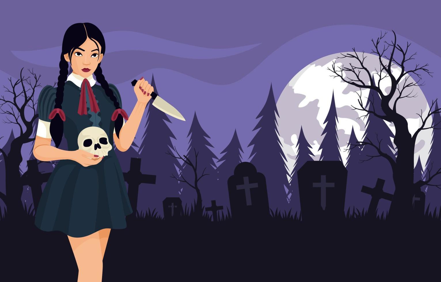 Scary Girl Carrying Knife And Skull In Graveyard vector