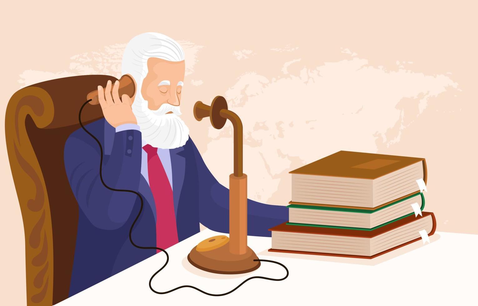 Alexander Graham Bell Using Telephone Background vector