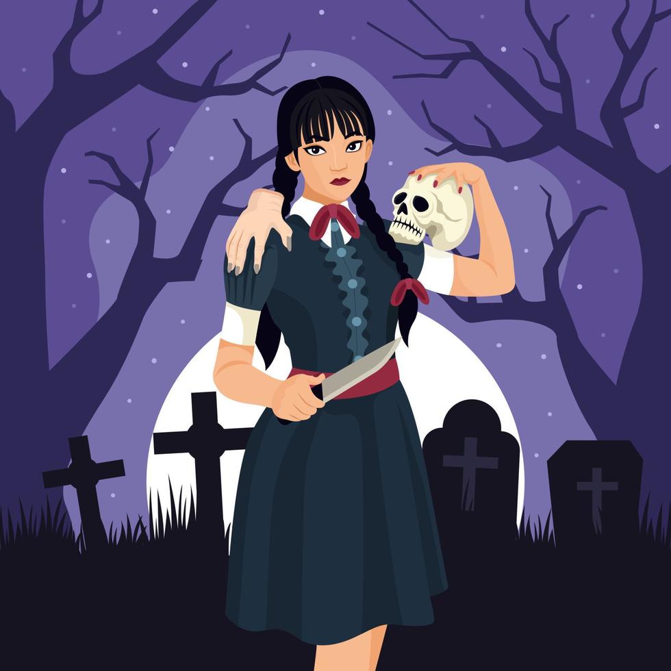 Scary Girl Carrying a Skull in Graveyard vector