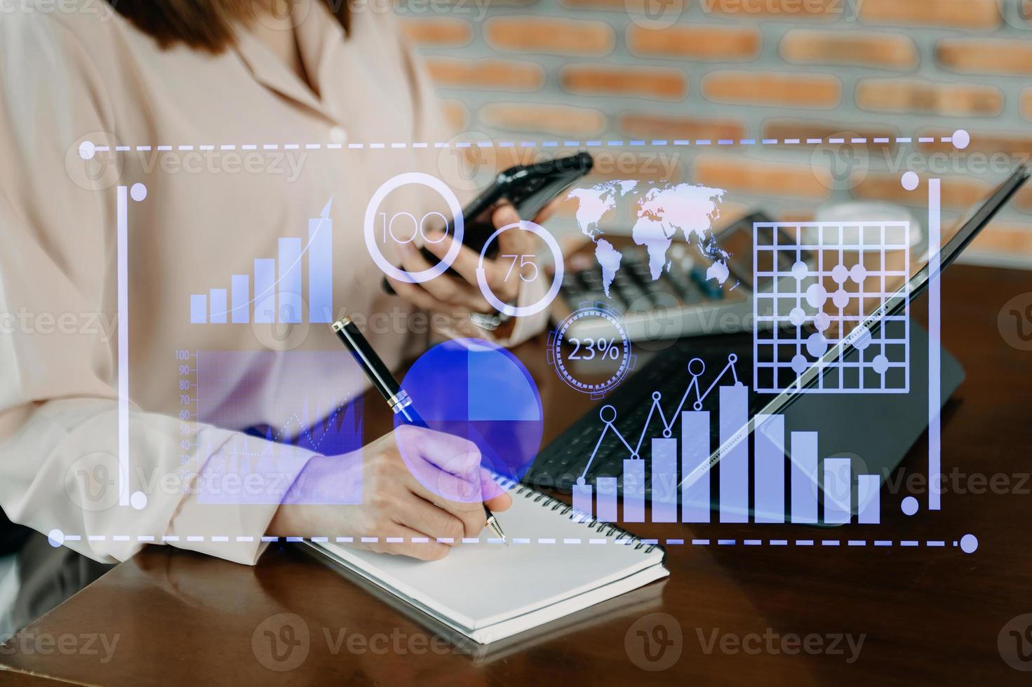Data Management System with Business Analytics concept. business team hands working with provide information for Key Performance Indicators and marketing analysis onn virtual computer photo