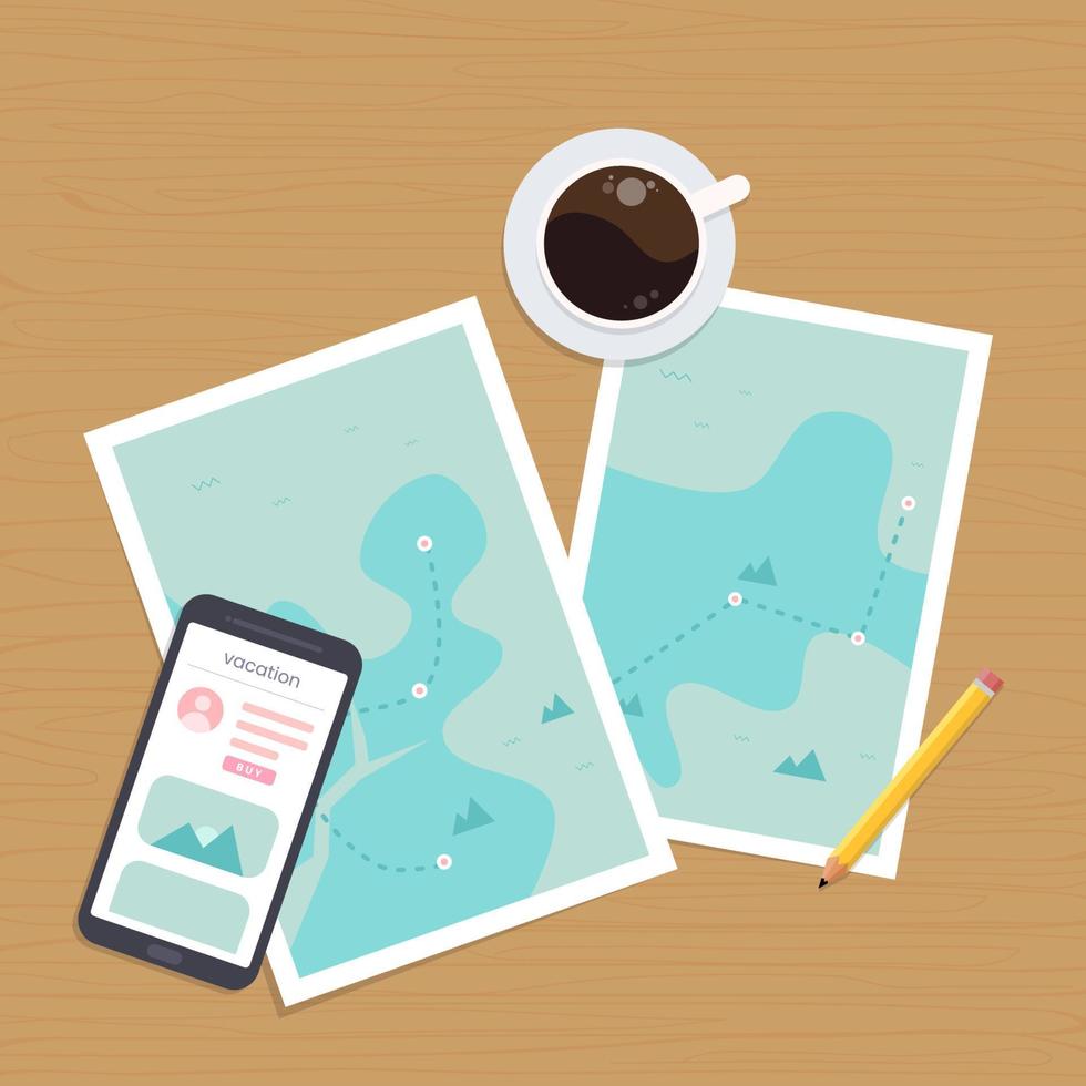 Vacation plan illustration. Coffee, smartphone, and paper map of world on wooden background vector