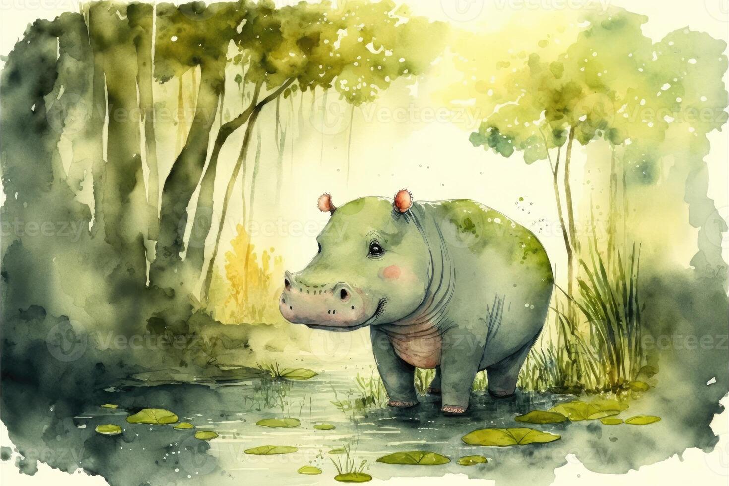 Cute hippopotamus in the middle of the forest. Hippo watercolor painting. photo