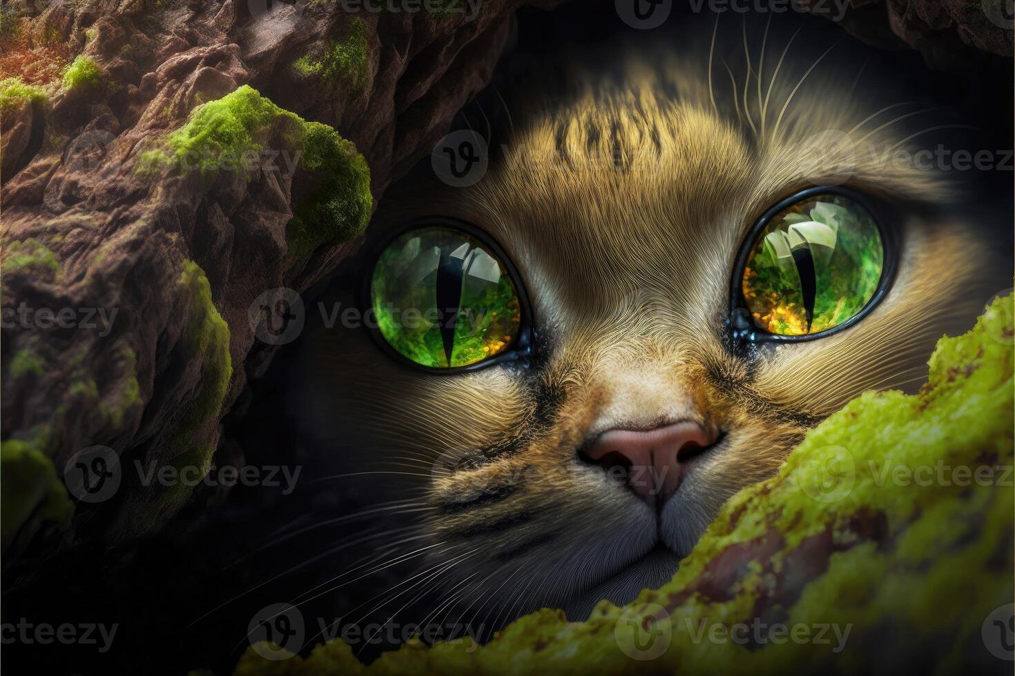 Chrysoberyl cat's eyes with moss in cave. Cat face close up. 21834230