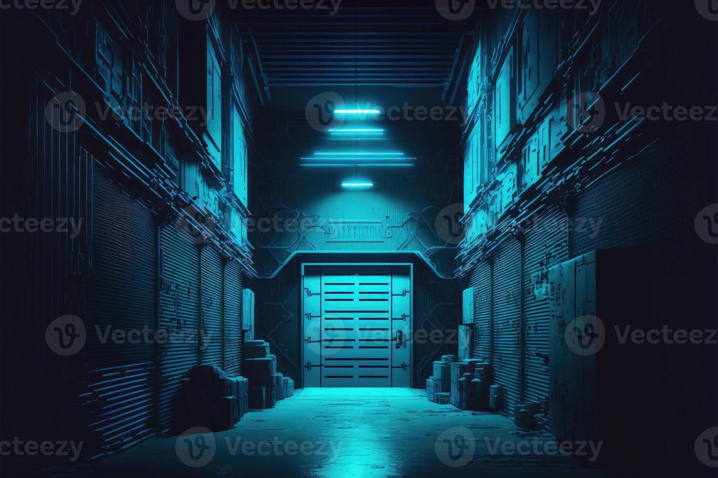 Warehouse cyber glow in the dark background. photo