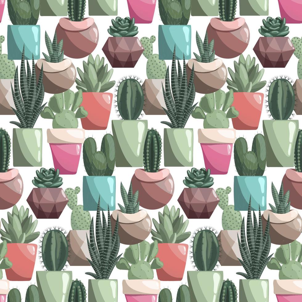 Seamless background with different succulents in ceramic pots on white. Cacti, opuntia, prickly pear, sansevieria, echevieria. vector