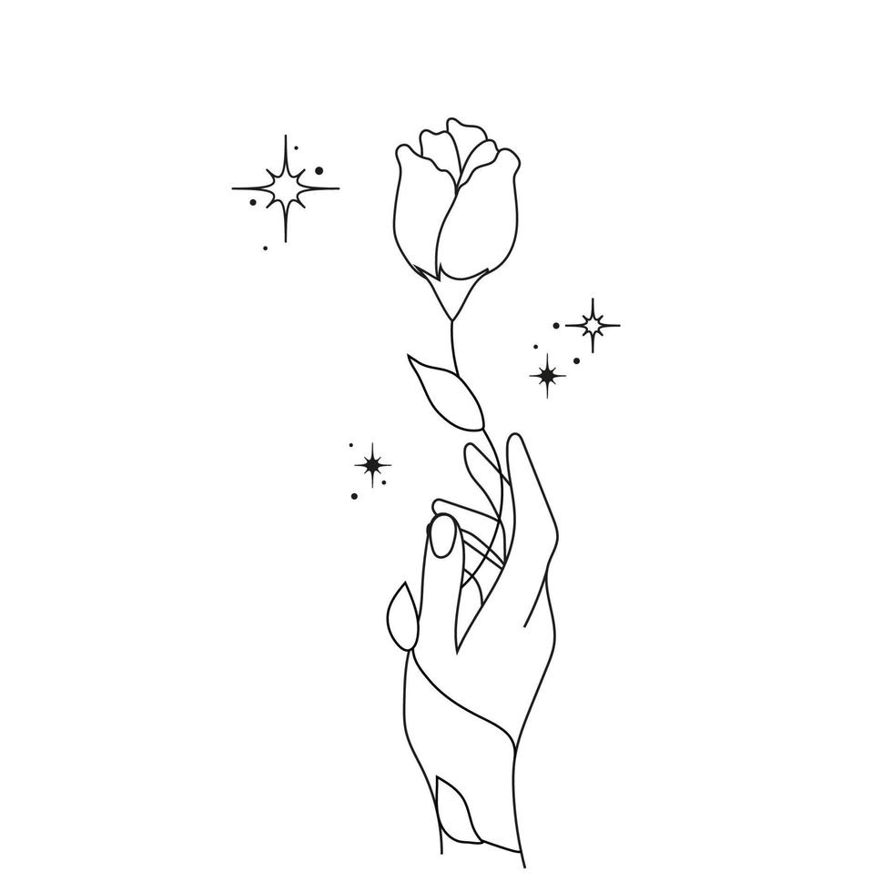 A hand holding a rose flower. Stars, shine. Spiritual talisman, tattoo. Boho, esoteric vector