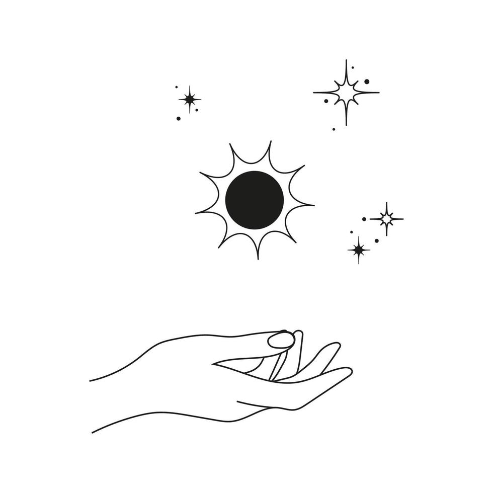 Hand with stars and black sun. Abstract symbol for cosmetics and packaging, jewelry, logo, tattoo. linear style. Esoteric vector