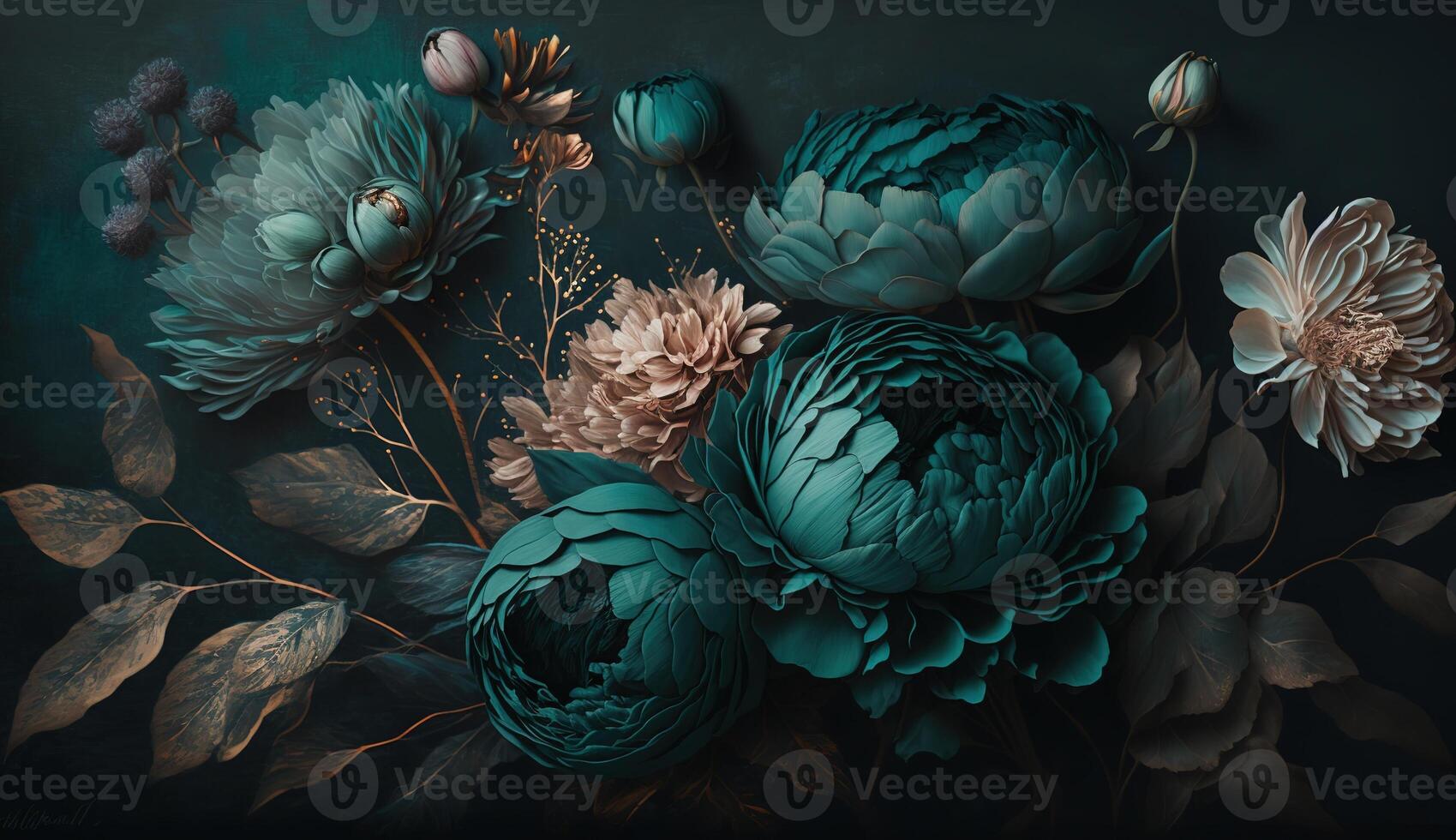 , Close up of blooming flowerbeds of amazing teal flowers on dark moody floral textured background. Photorealistic effect. photo