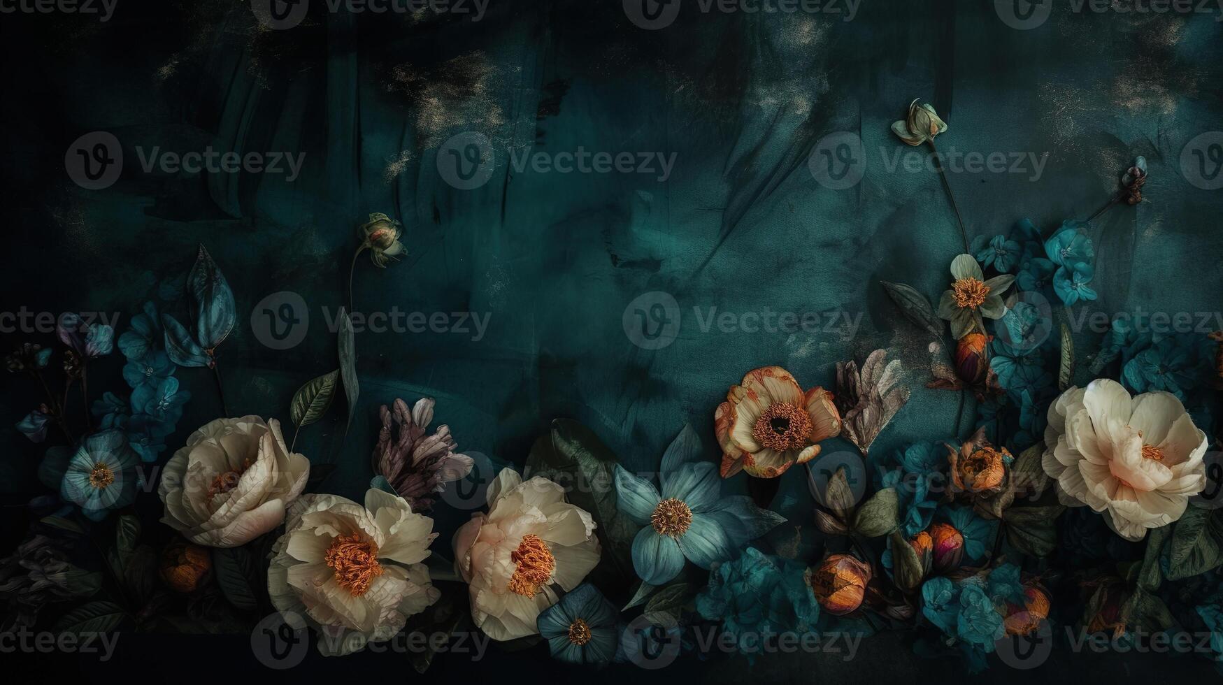 , Close up of blooming flowerbeds of amazing teal flowers on dark moody floral textured background. Photorealistic effect. photo