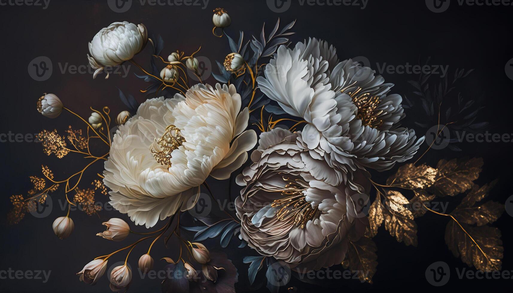 , Close up of blooming flowerbeds of amazing white and golden flowers on dark moody floral textured background. Photorealistic effect. photo