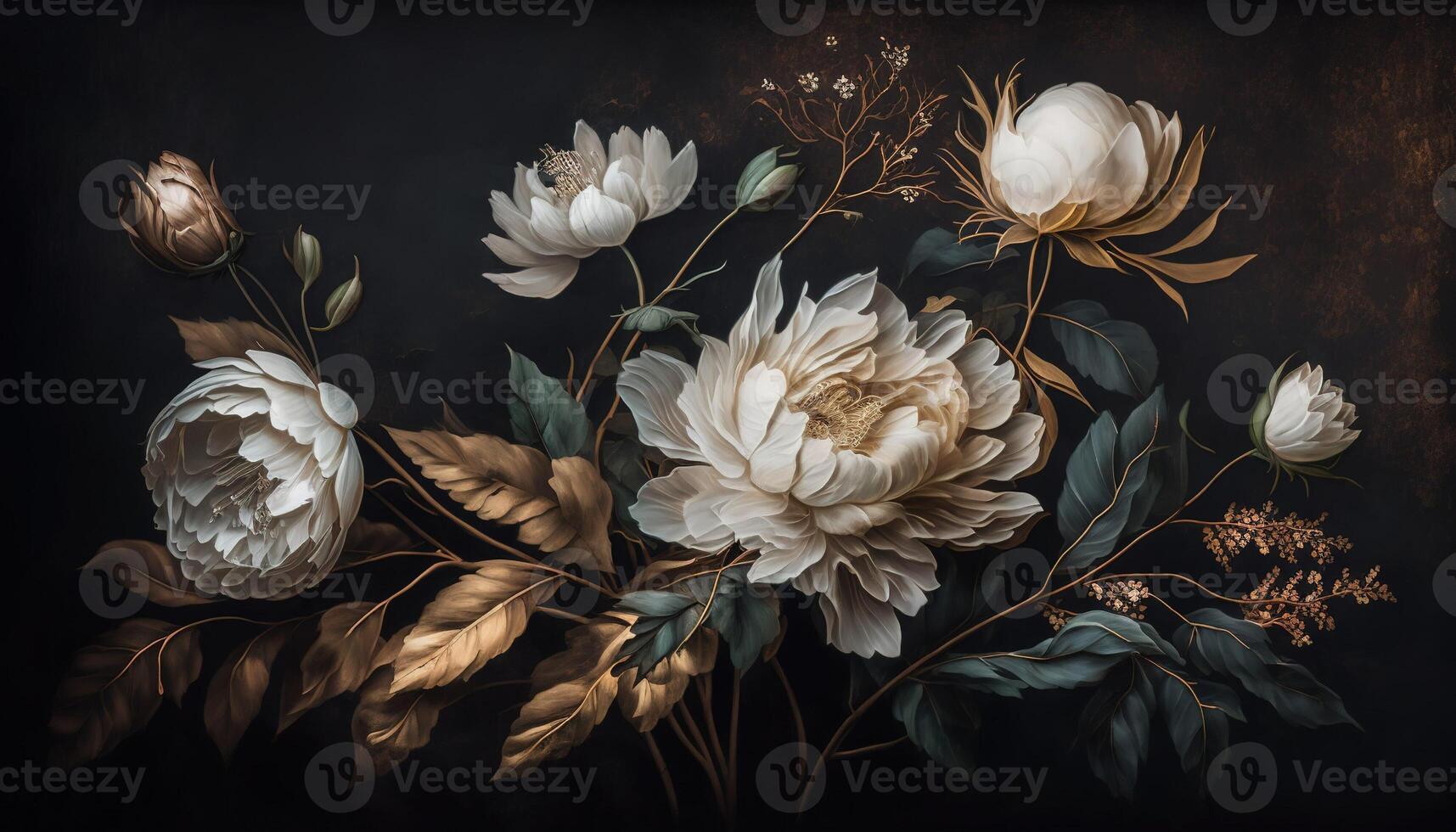 , Close up of blooming flowerbeds of amazing white and golden flowers on dark moody floral textured background. Photorealistic effect. photo