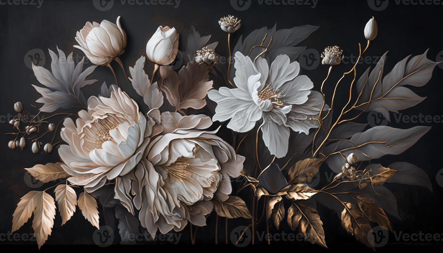 , Close up of blooming flowerbeds of amazing white and golden flowers on dark moody floral textured background. Photorealistic effect. photo