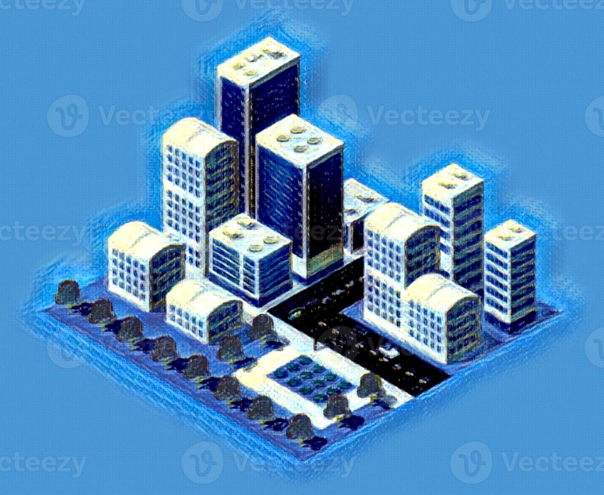 Isometric art 3D illustrations of urban scenes are provided, showing skyscrapers, streets, trees, and cars. Architecture, home construction, photo