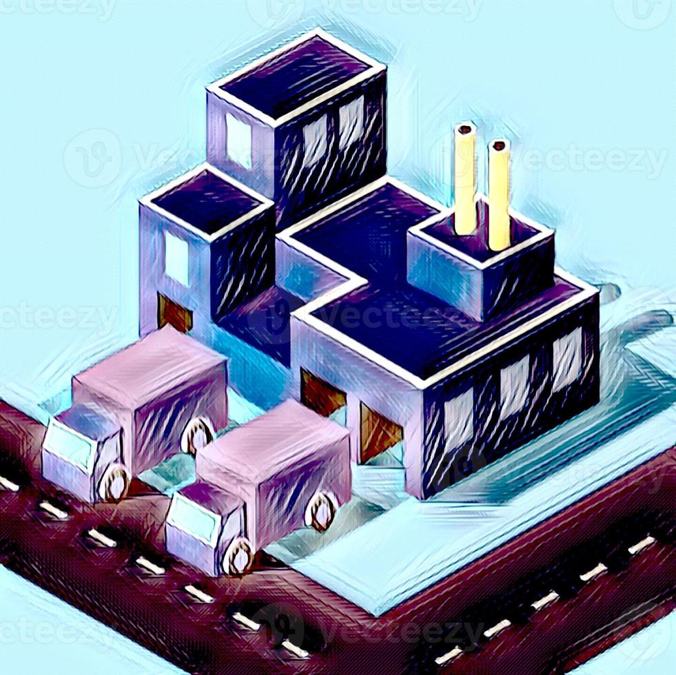Isometric art 3D illustrations of urban scenes are provided, showing skyscrapers, streets, trees, and cars. Architecture, home construction, photo