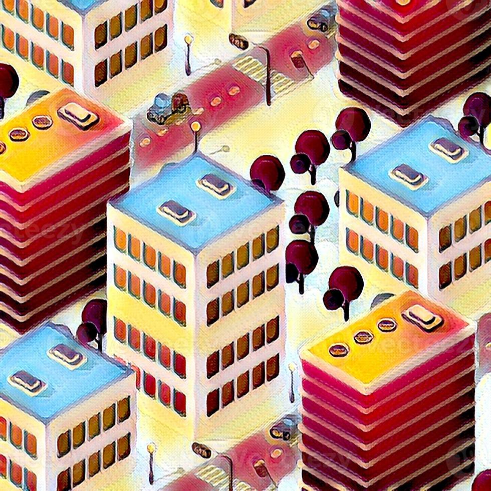 Isometric art 3D illustrations of urban scenes are provided, showing skyscrapers, streets, trees, and cars. Architecture, home construction, photo